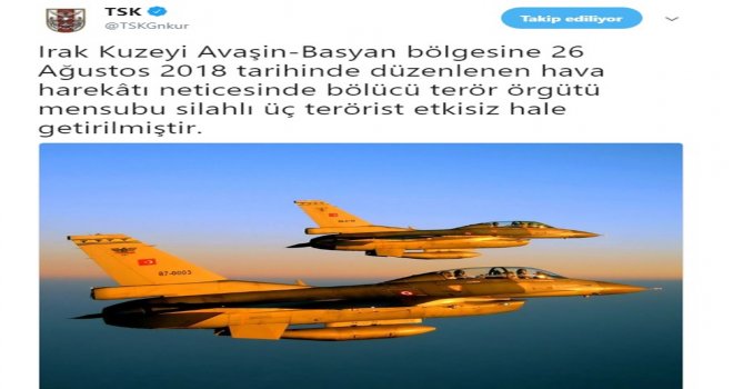Kuzey Irakta 3 Terörist Etkisiz Hale Getirildi